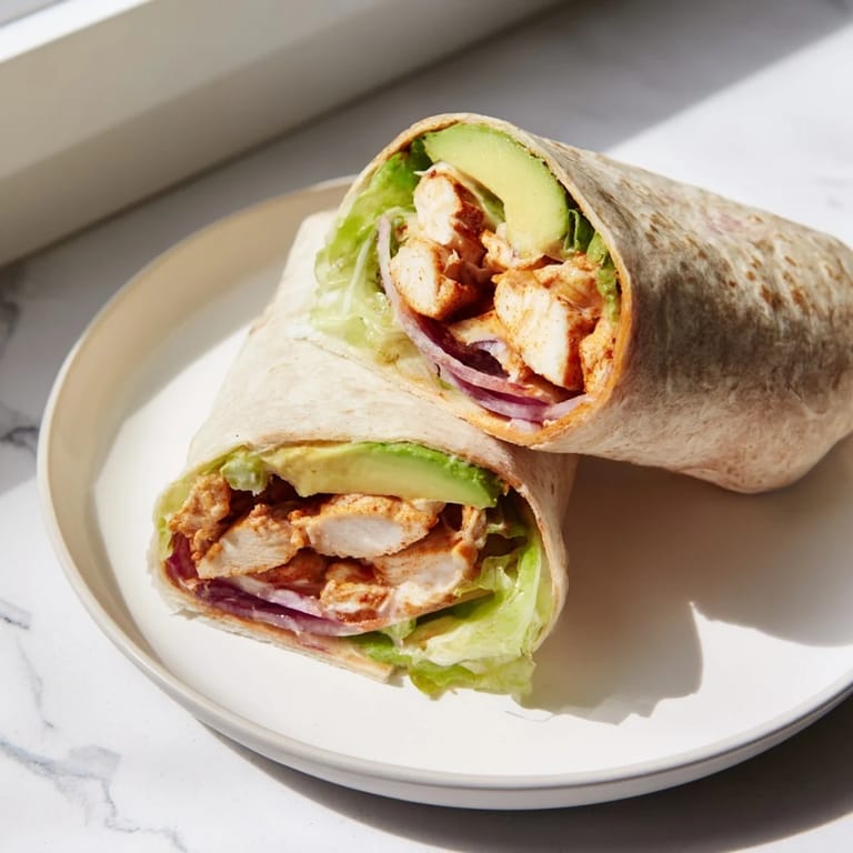 Close-up of a Smoky Chipotle Chicken Wrap with diced tomatoes and shredded lettuce, served on a rustic wooden cutting board.