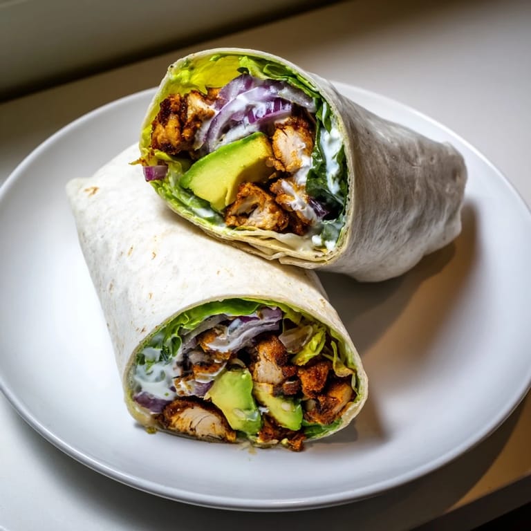 Freshly prepared Smoky Chipotle Chicken Wrap with grilled chicken, red onion, and a drizzle of tangy Greek yogurt sauce.