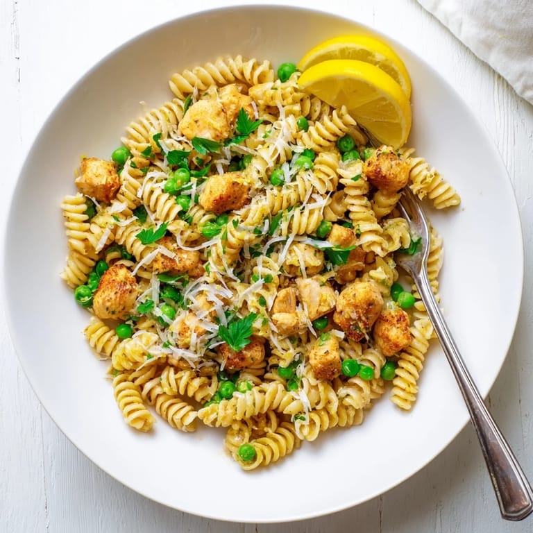 In a skillet, minced garlic melts into butter before blending with al dente pasta, peas, and juicy chicken for a cozy weeknight meal.