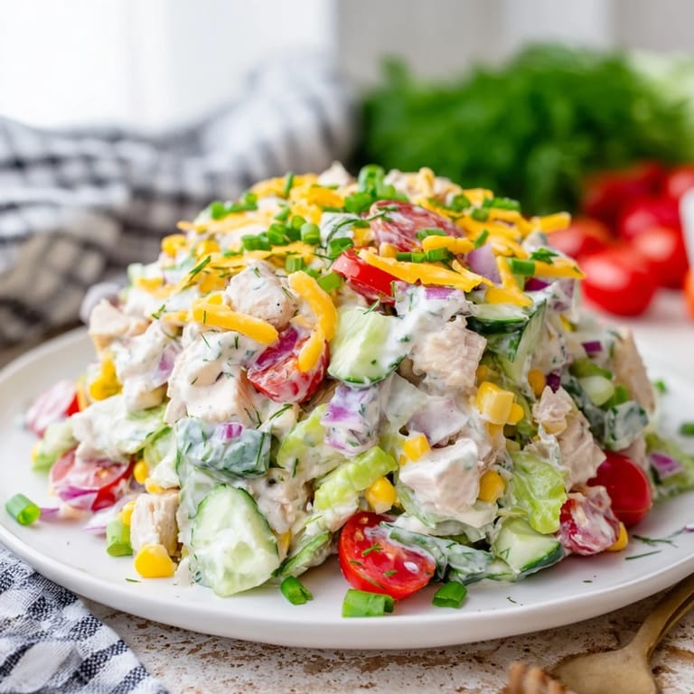 Close-up of Ranch Chicken Chopped Salad with fresh herbs, cherry tomatoes, cucumbers, and shredded cheddar tossed in creamy dressing.