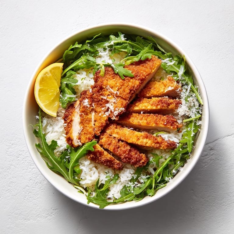 A close-up view of a Crispy Parmesan Chicken Cutlet Bowl, showing golden-brown chicken over rice and greens.