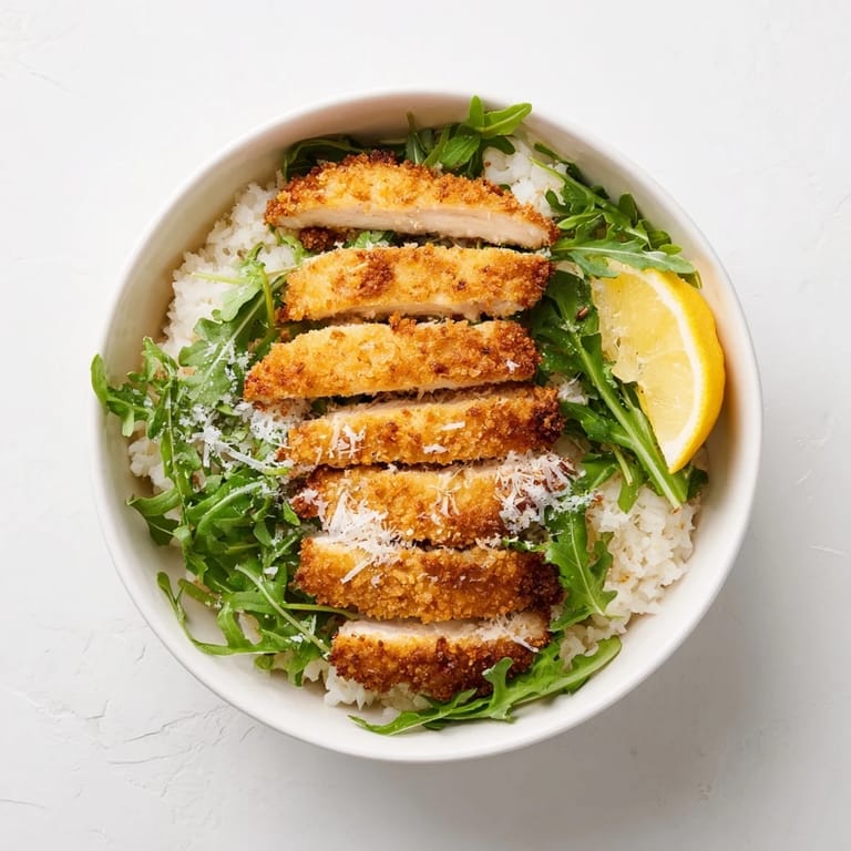 Vibrant white rice and green arugula topped with juicy, breaded chicken cutlets and a bright lemon garnish.