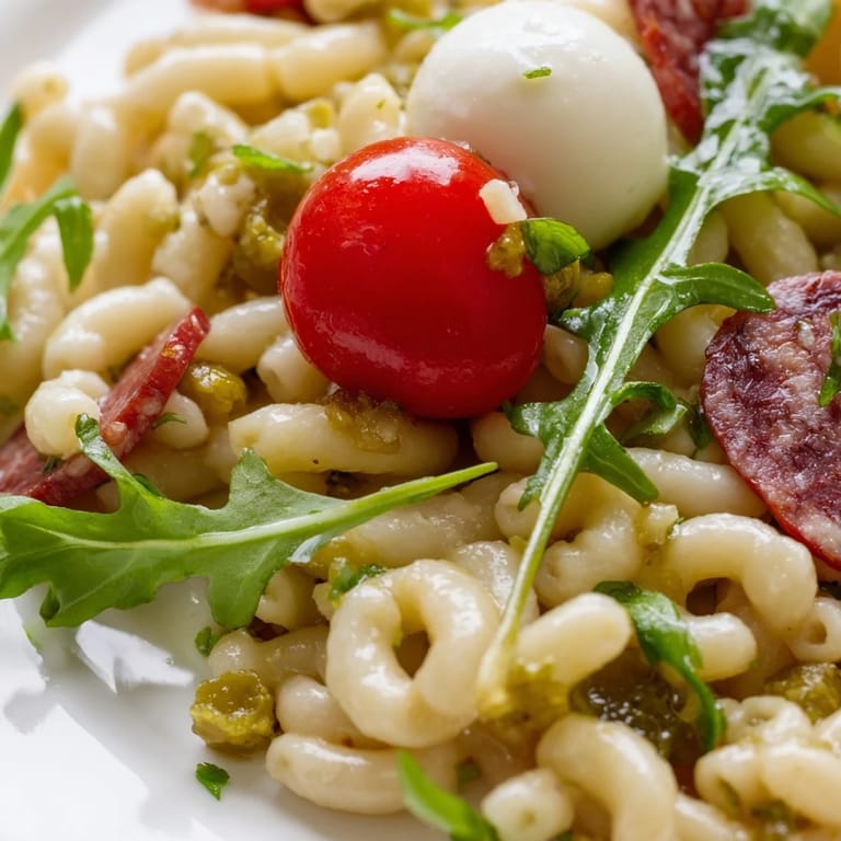 A hearty bowl of Spring Antipasto Pasta Salad features al dente ditalini with cherry tomatoes, red onion, and savory salami, ready for a sunny picnic.