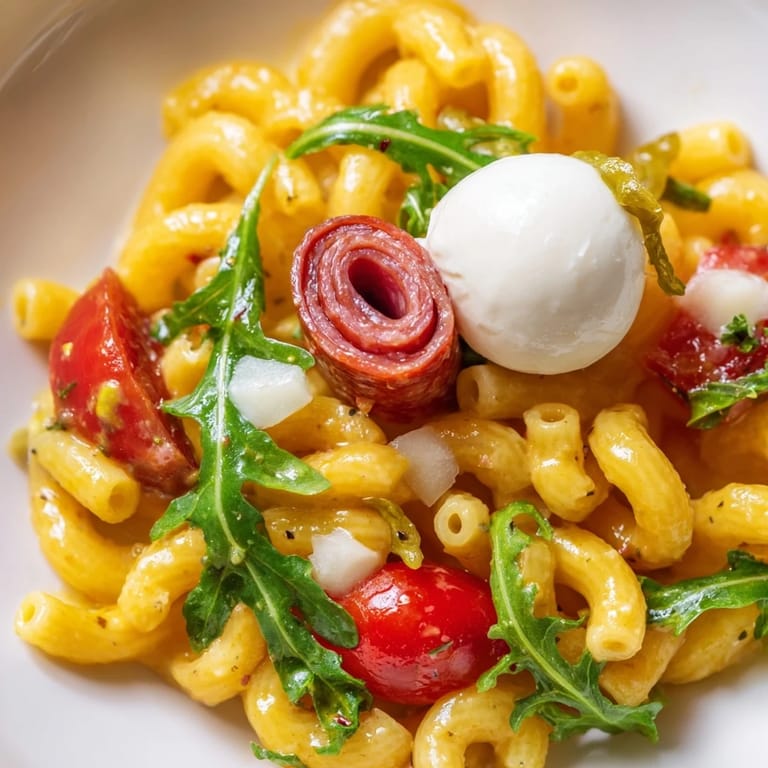 Serving suggestion for Spring Antipasto Pasta Salad: a colorful mix of creamy mozzarella, crunchy veggies, and bright Italian dressing, perfect for spring gatherings.