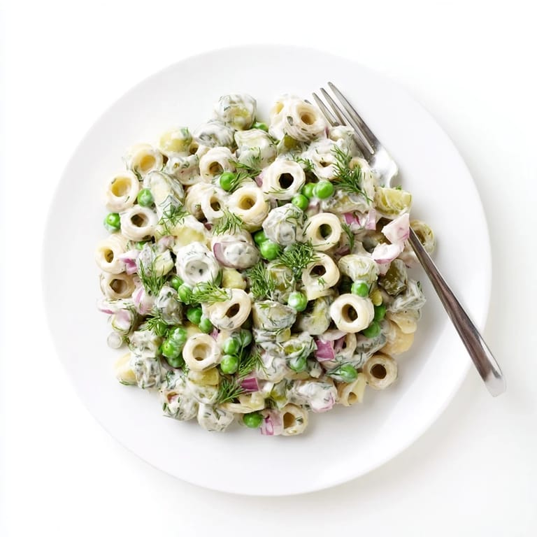 A chilled bowl of creamy dill pickle pasta salad, featuring crunchy pickles and red onion, ready to serve at a picnic.