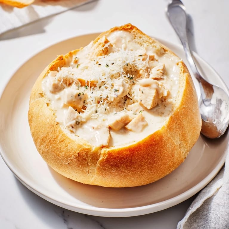 Savory diced chicken and rich Alfredo sauce baked inside a crusty bread bowl for a comforting dinner.  