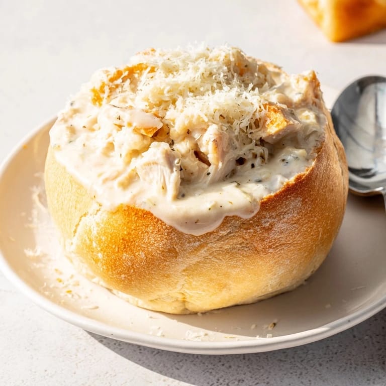 Warm Chicken Alfredo bubbling in a toasted bread bowl, ready to pair with a crisp side salad.