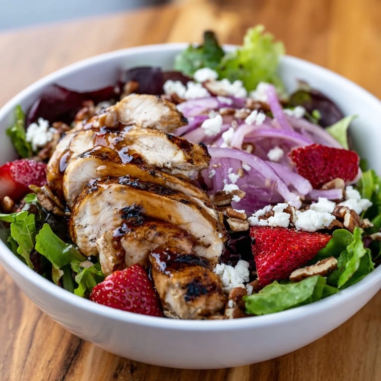 A bowl of Strawberry Balsamic Chicken Salad features sliced chicken, strawberries, feta, and a drizzle of balsamic glaze.