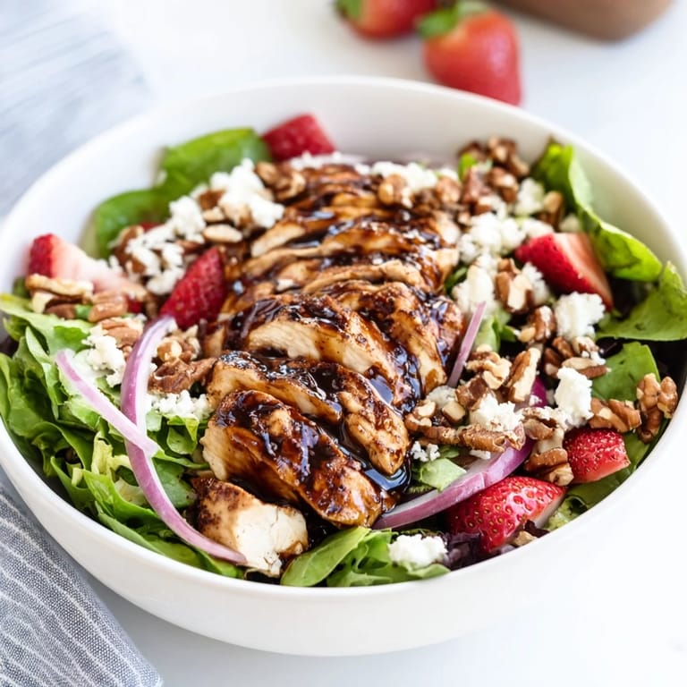 Strawberry Balsamic Chicken Salad with juicy grilled chicken, sweet berries, creamy feta, and crisp greens on a white plate.