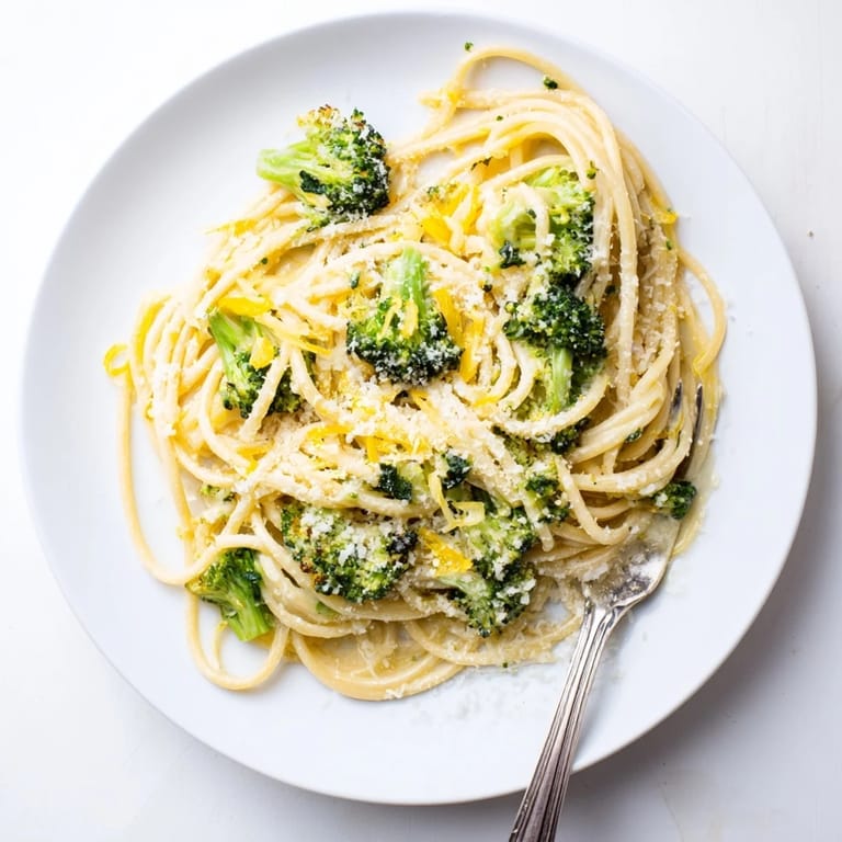 A rustic bowl of One-Pot Lemon Broccoli Pasta garnished with fresh basil, lemon zest, and grated Parmesan cheese.