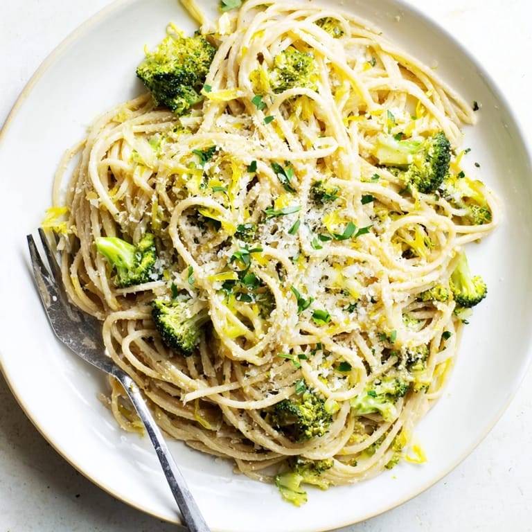 Close-up shot of One-Pot Lemon Broccoli Pasta with tender broccoli and silky lemon sauce ready to serve.
