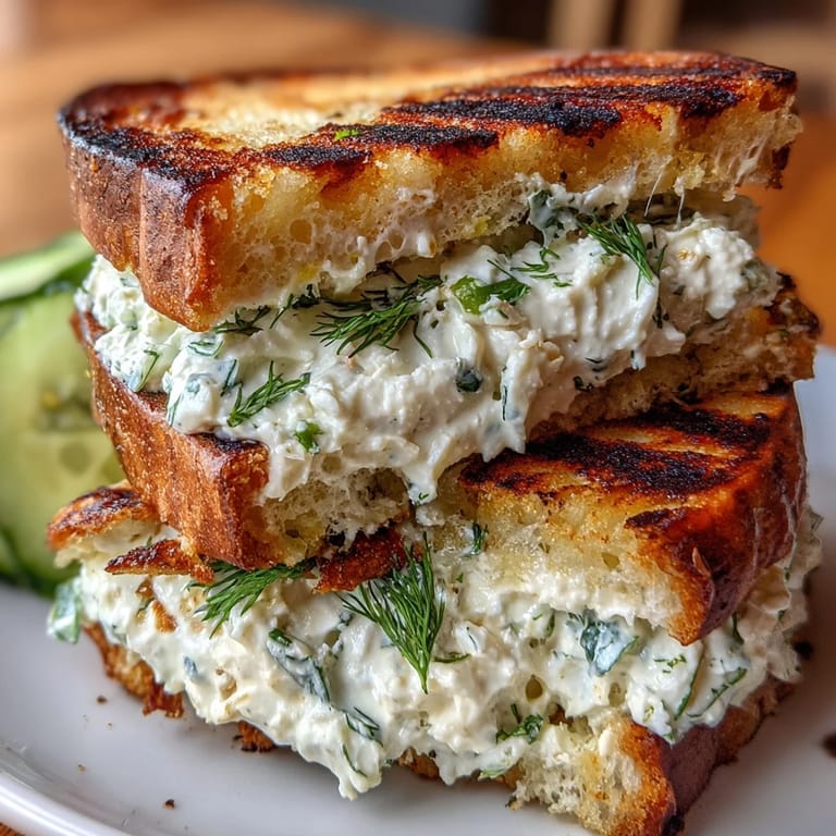 Creamy, melty whipped feta spring grilled cheese on toasted sourdough, ready to enjoy.