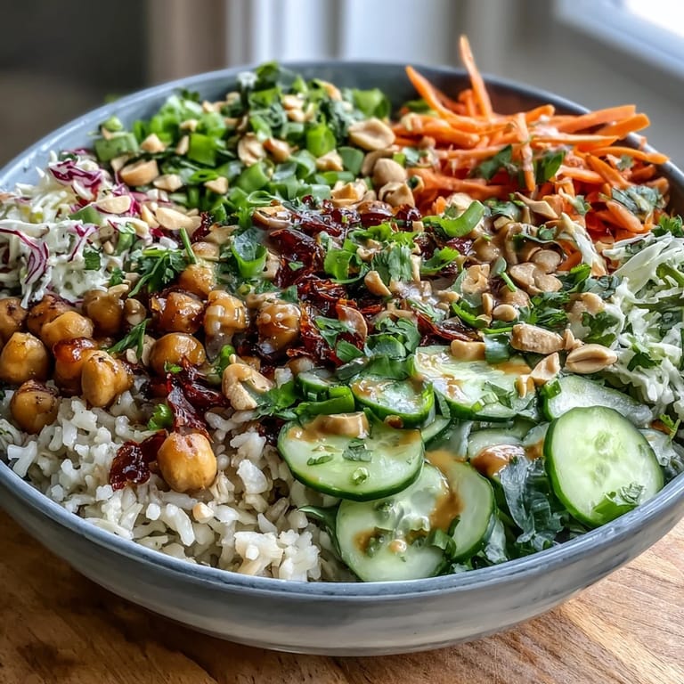 Overhead view of a vibrant Peanut Chickpea Rice Bowl featuring sliced cucumbers, scallions, and roasted peanuts, ready to be enjoyed as a healthy vegan meal.
