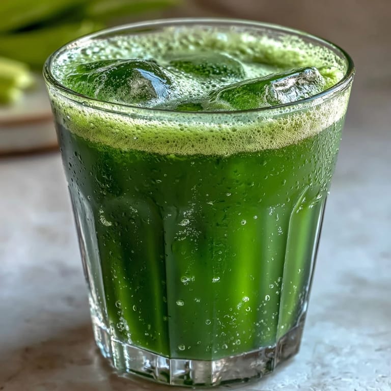 Close-up of Celery Ginger Lemon Juice in a glass, ice cubes shimmering with a mint leaf floating on top.
