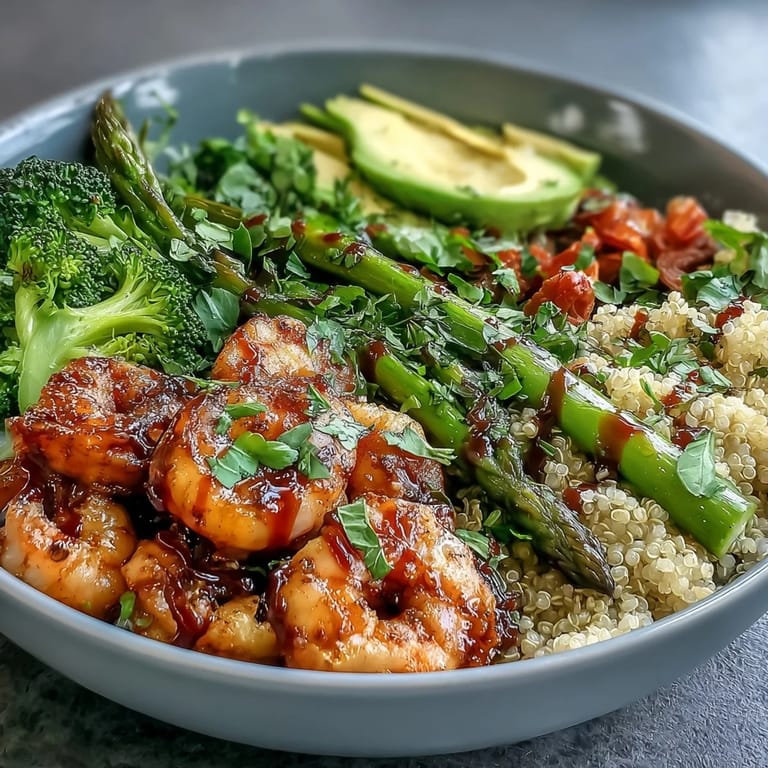 Colorful Detox Buddha Bowl with Shrimp and Quinoa topped with roasted asparagus, red cabbage, tomatoes, and a drizzle of tangy balsamic dressing.