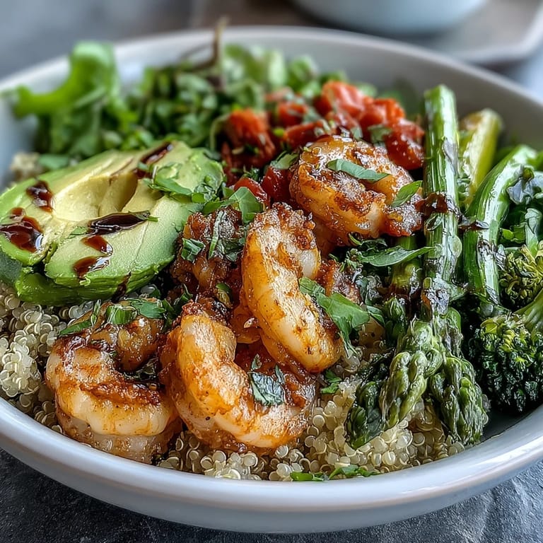 Healthy Detox Buddha Bowl with Shrimp and Quinoa served with lemon wedges and fresh herbs, a nutritious gluten-free lunch or dinner.