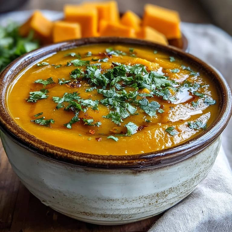 A warm bowl of Butternut Squash and Lentil Soup, perfect for cozy evenings with crusty gluten-free bread.