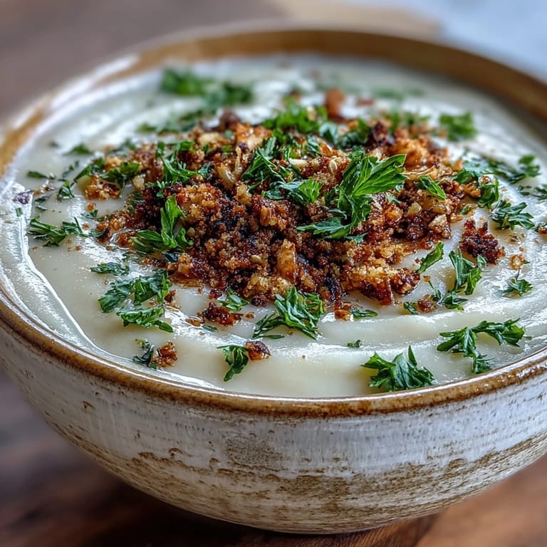 Roasted celeriac soup topped with golden hazelnut crumble, paired with crusty bread on a wooden table.