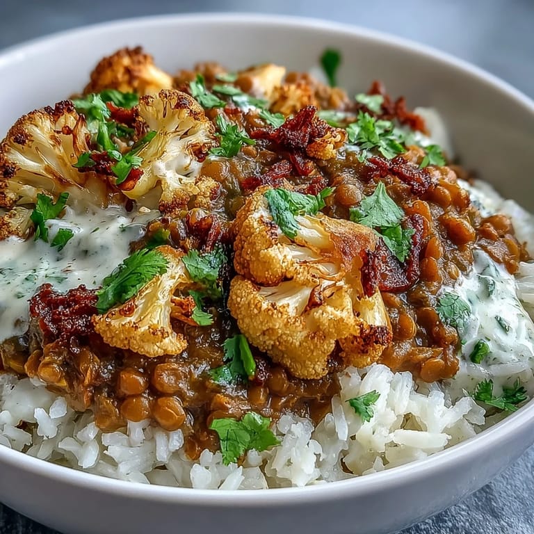 Vibrant vegetarian main dish featuring aromatic lentils and crispy cumin-roasted cauliflower, garnished with fresh cilantro and lemon wedges.
