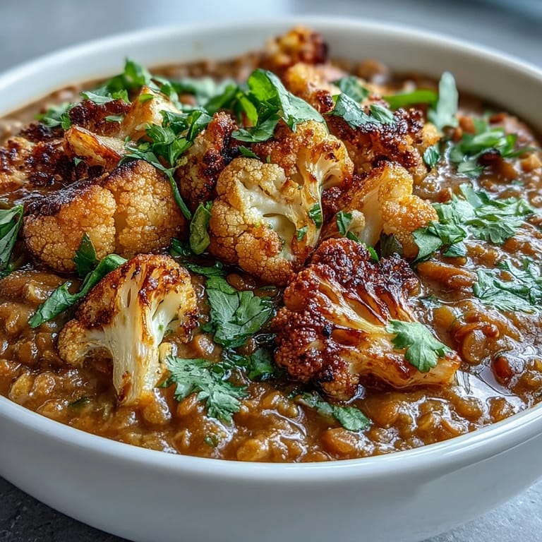 A close-up view of the hearty vegan meal showing golden-brown cauliflower and a ladle of spiced dhal beside it.