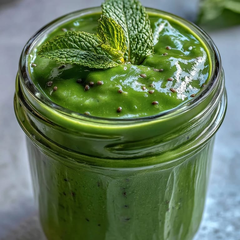 Two serving glasses of Green Detox Smoothie garnished with fresh mint leaves and a sprinkle of chia seeds on top.  