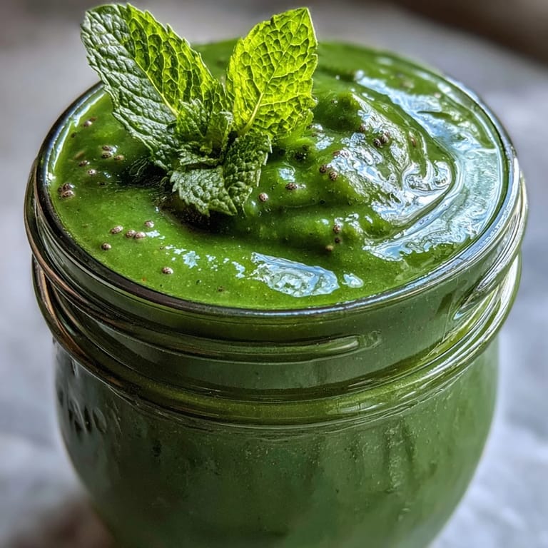 Close-up of a Green Detox Smoothie blending romaine, spinach, and frozen fruits in a high-speed blender for a creamy texture.