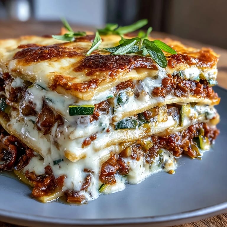 One-Pan Smoky Veggie Lentil Lasagne served on a white plate, revealing perfectly cut layers of smoky lentils, vegetables, and creamy béchamel.