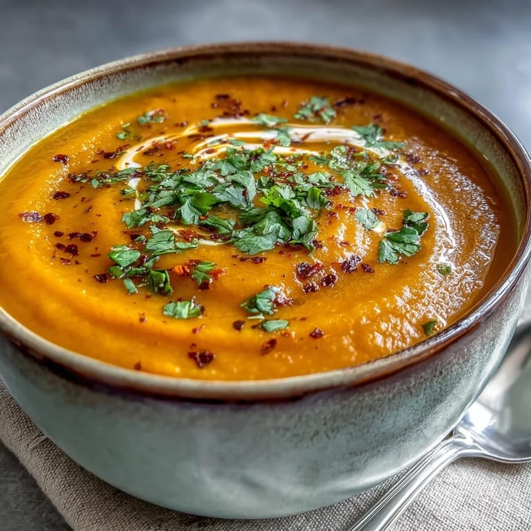 Warm Carrot, Celeriac, and Chilli Soup simmers in a rustic pot, showcasing its bright orange hue and chunky vegetable texture.