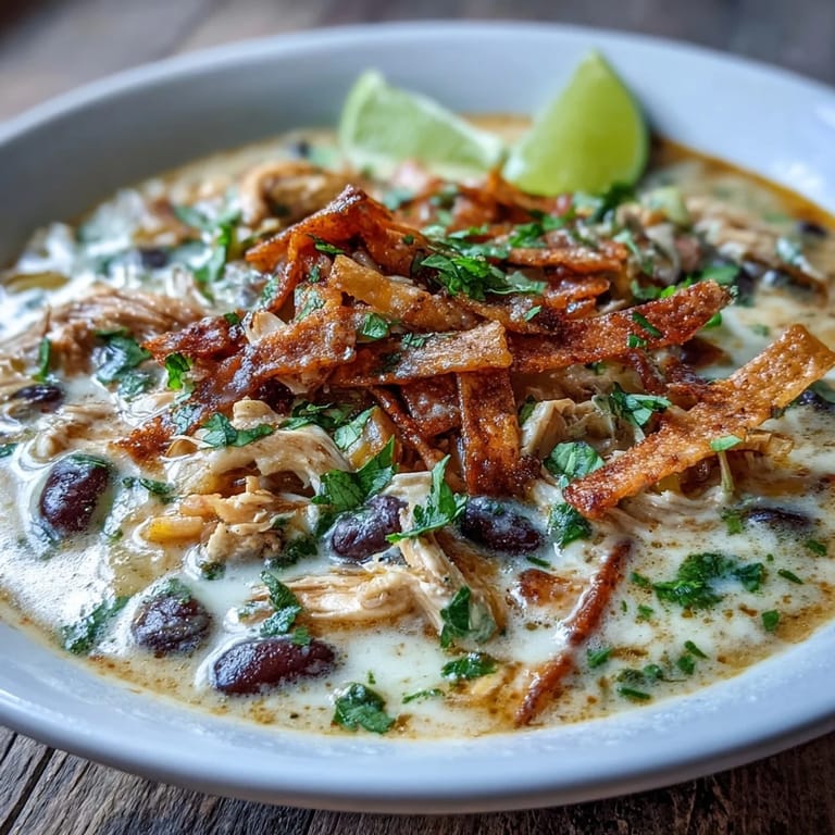Hearty Easy Chicken Tortilla Soup topped with avocado, jalapeños, and crunchy tortilla strips.