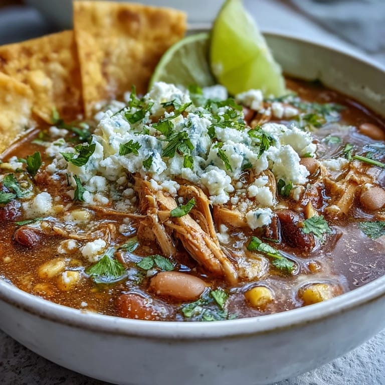 A ladle lifts hearty Chicken Tortilla Soup revealing chunks of chicken, red peppers, and beans. This easy Mexican main dish is served with classic toppings.