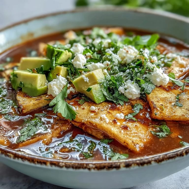 Garnished Sopa Azteca served with lime wedges and a swirl of crema on top of the savory red broth.