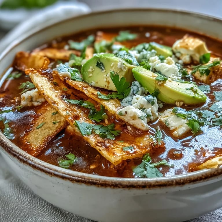 Close-up of Sopa Azteca showcasing crunchy tortilla strips, fresh avocado chunks, and crumbled panela cheese in a rustic bowl.