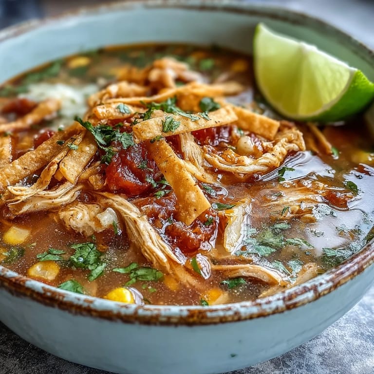 Dutch oven of homemade Best Chicken Tortilla Soup featuring tender shredded chicken, fire-roasted tomatoes, and sweet corn.