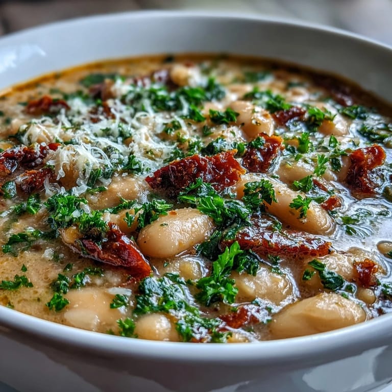 Creamy Tuscan White Bean Soup blended velvety smooth with sun-dried tomatoes, aromatic herbs, and a rich, luxurious cream finish.