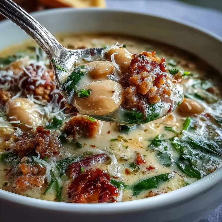 A hearty bowl of Creamy Tuscan White Bean Soup with Sausage, garnished with fresh spinach, carrots, and crusty bread on the side.