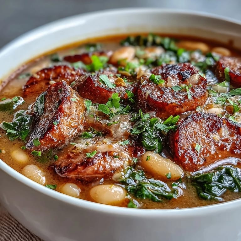 Steaming Italian White Bean Soup with Kale and Sausage, served in a rustic bowl with a side of crusty bread.