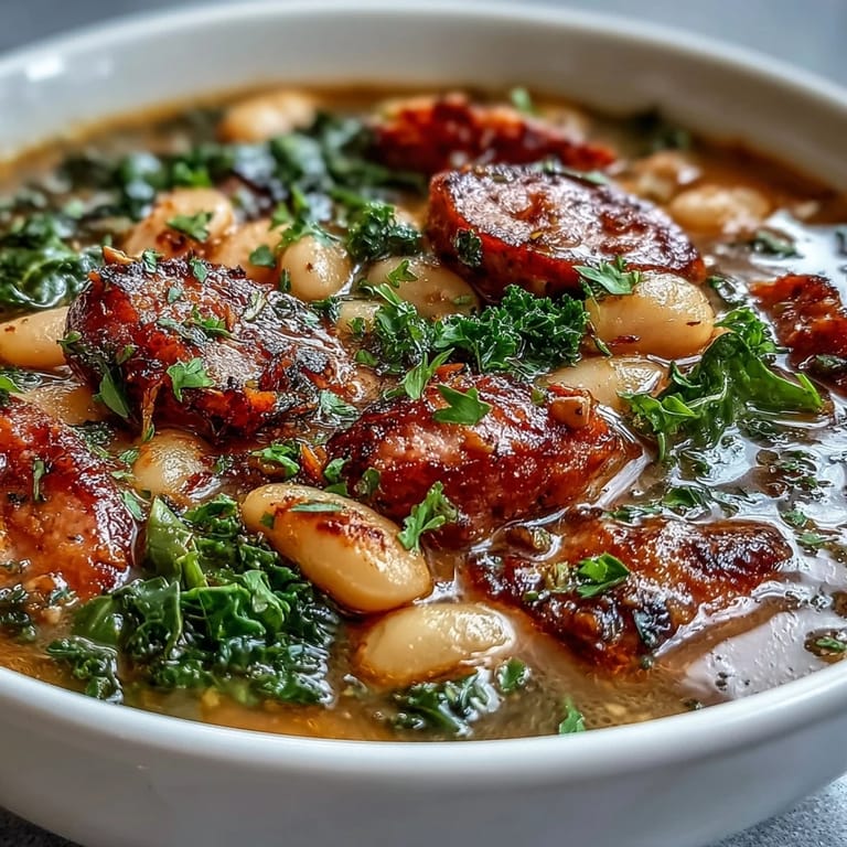 Italian White Bean Soup bubbling in a pot, featuring spicy sausage, creamy beans, and vibrant green kale leaves.