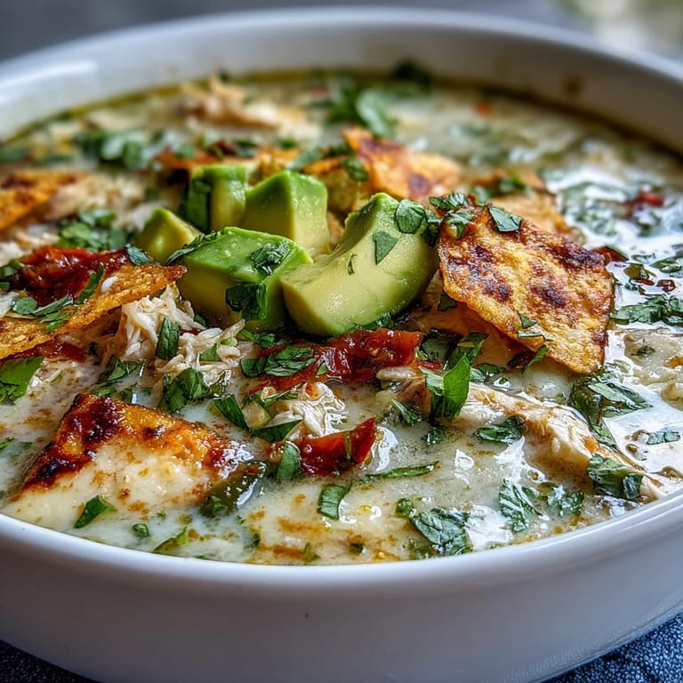 Close-up of Creamy Chicken Tortilla Soup topped with avocado slices and crispy tortilla chips, perfect for a cozy Tex-Mex dinner.