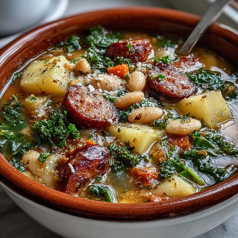 A rustic pot of Tuscan White Bean Sausage Soup simmered with potatoes, carrots, and fragrant Italian herbs.