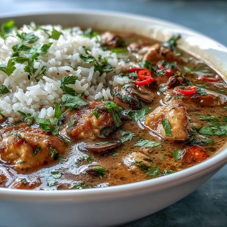 Thai Coconut Curry Soup served in a white bowl over fluffy jasmine rice, with steam rising and colorful vegetables visible.