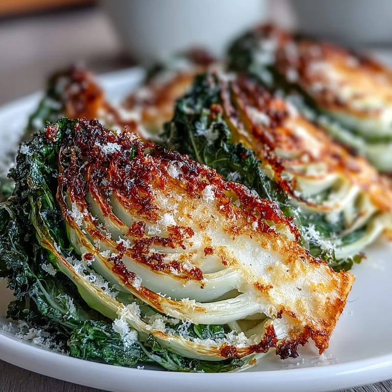 Garlic Parmesan cabbage wedges roasted until tender with golden edges, served as a savory side dish.