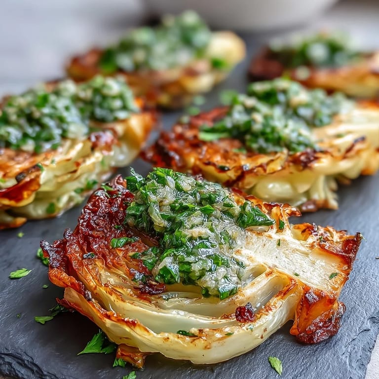 Thick, caramelized Cabbage Steaks With Jalapeño Chimichurri highlighted in a plant-based dinner spread.