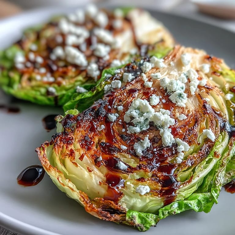 A close-up of Crispy Cabbage Steaks With Feta and Balsamic, featuring charred edges and creamy feta on a rustic wooden serving board.