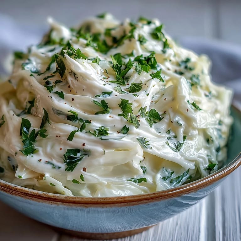Tender shredded Creamed Cabbage in a light sauce, ready to serve alongside roast chicken or pork for dinner.