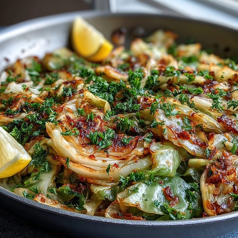 Freshly sautéed cabbage with garlic and Mediterranean spices, finished with parsley and lemon wedges on a rustic plate.