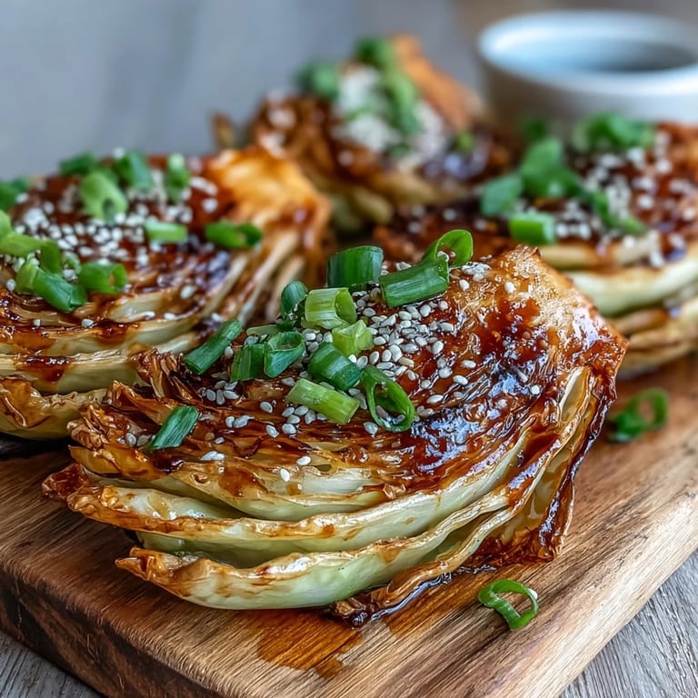 Freshly prepared Miso Butter Roasted Cabbage Wedges featuring tender leaves and a rich, buttery glaze with sesame seeds.