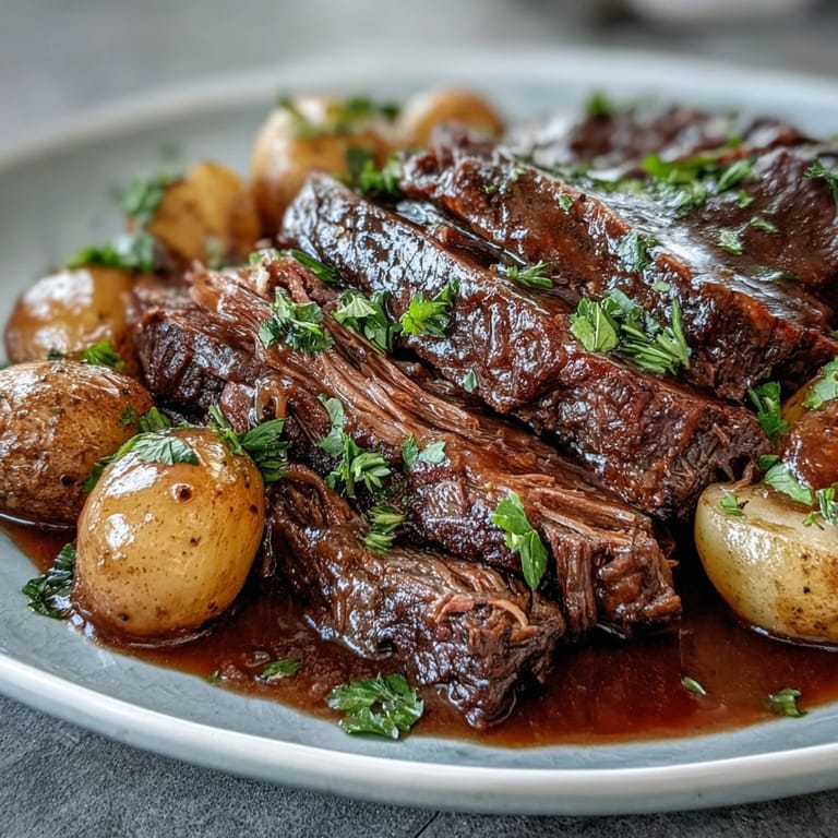 Family-style platter of Beef Pot Roast with buttery vegetables and a glossy reduction, ready to serve with crusty bread.