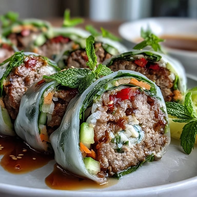 Fresh Thai Basil Beef Rolls served on a white plate, paired with a small bowl of tangy dipping sauce.
