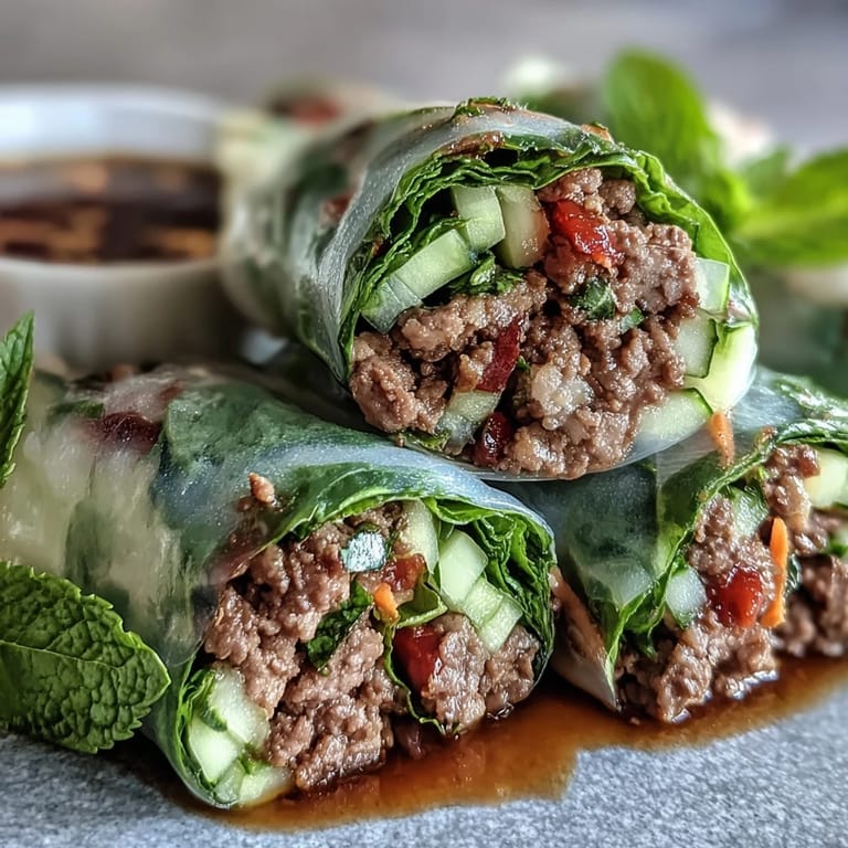 Thai Basil Beef Rolls cut in half to reveal the savory filling, garnished with fresh basil leaves and lime.
