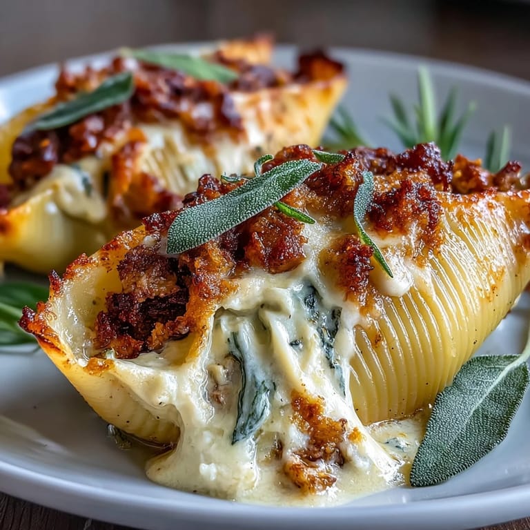 Creamy pumpkin Gouda stuffed shells topped with crispy sage and melted smoked cheese.